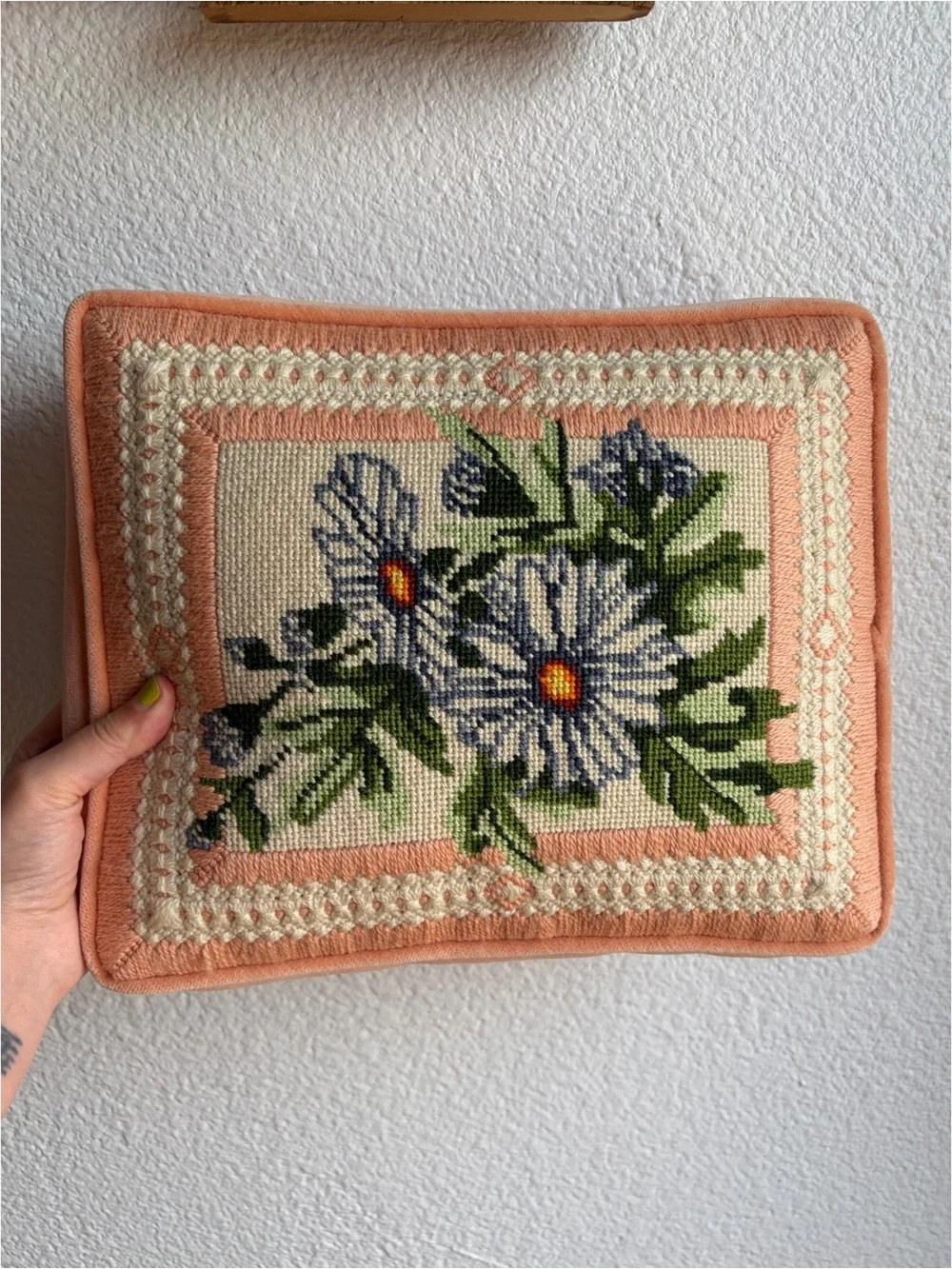 Vintage Daisy Needlepoint Velvet Throw Pillow